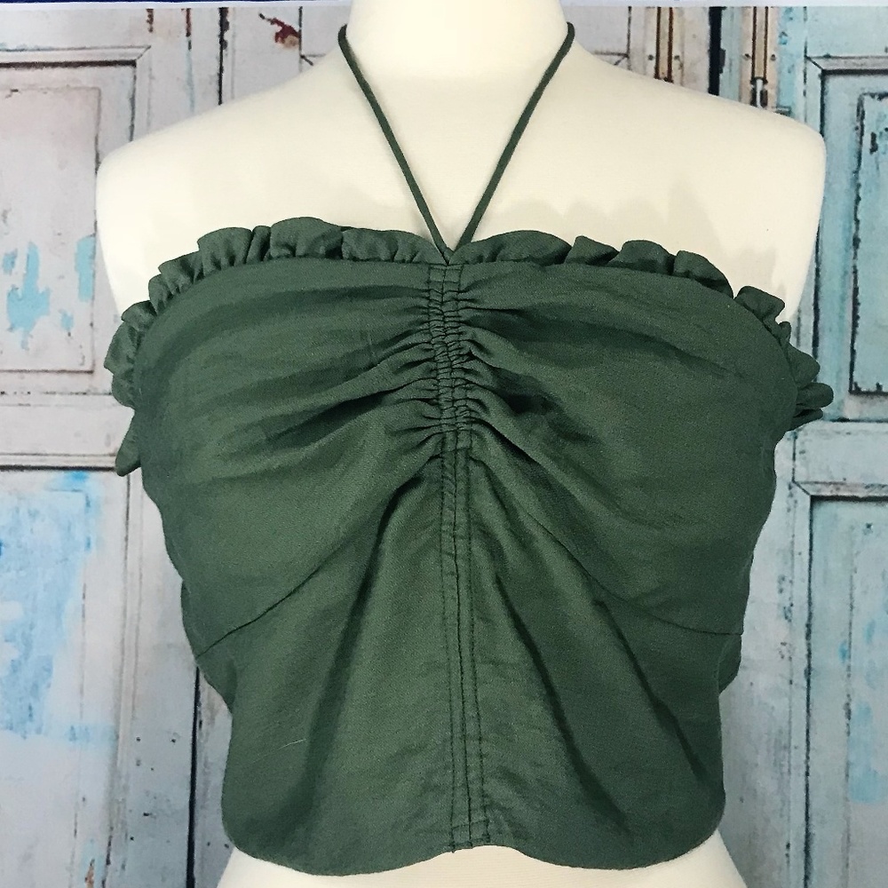 New Anthropologie Green Halter Crop Ruffle Top - Picture 3 of 8